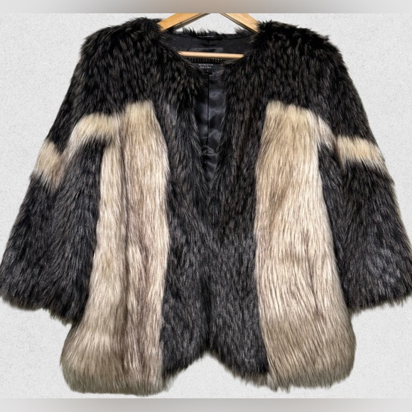 Fabulous Furs faux fur coat size L black cream beige pockets and front closure - Picture 5 of 9